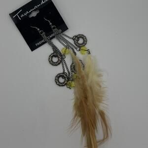 Taramanda Boho Feather Chain Earrings | Yellow Beads & Metal Rings